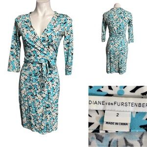 Diane Von Furstenberg New Julian Two Wrap Dress Garden Daisy Azure Blue Size 2